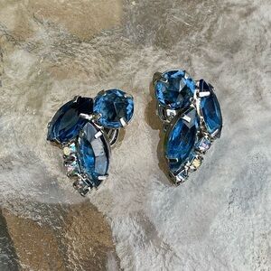 Vintage clip on earrings in royal blue rhinestones.